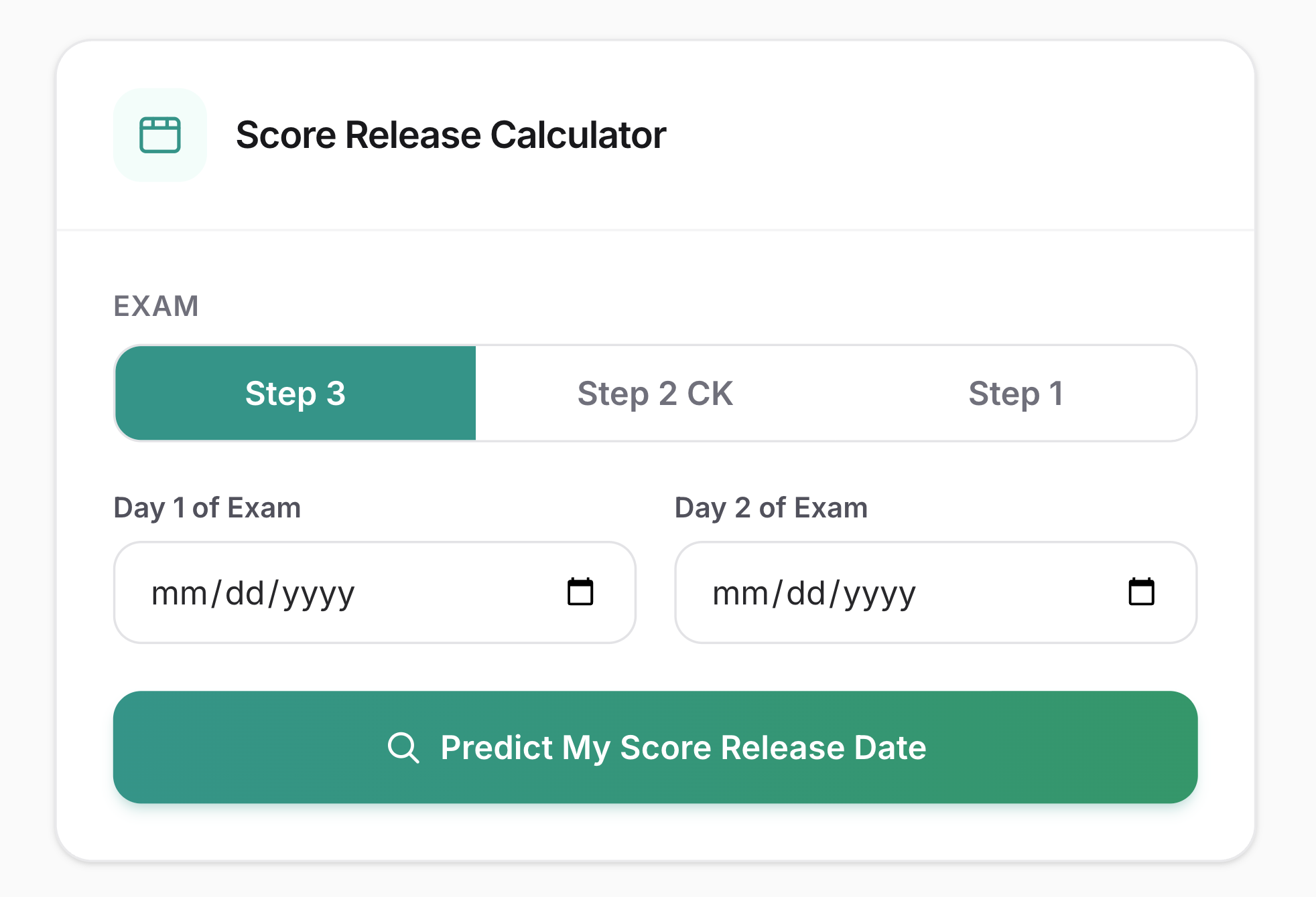 USMLE Step 3 Score Release Calculator tool interface
